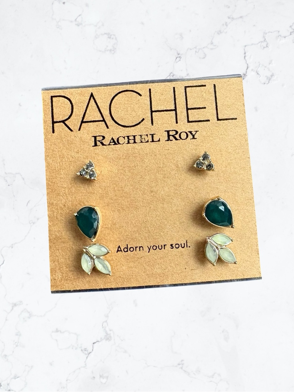 RACHEL Rachel Roy Teardrop Green and Cream Leaf Stud Trio